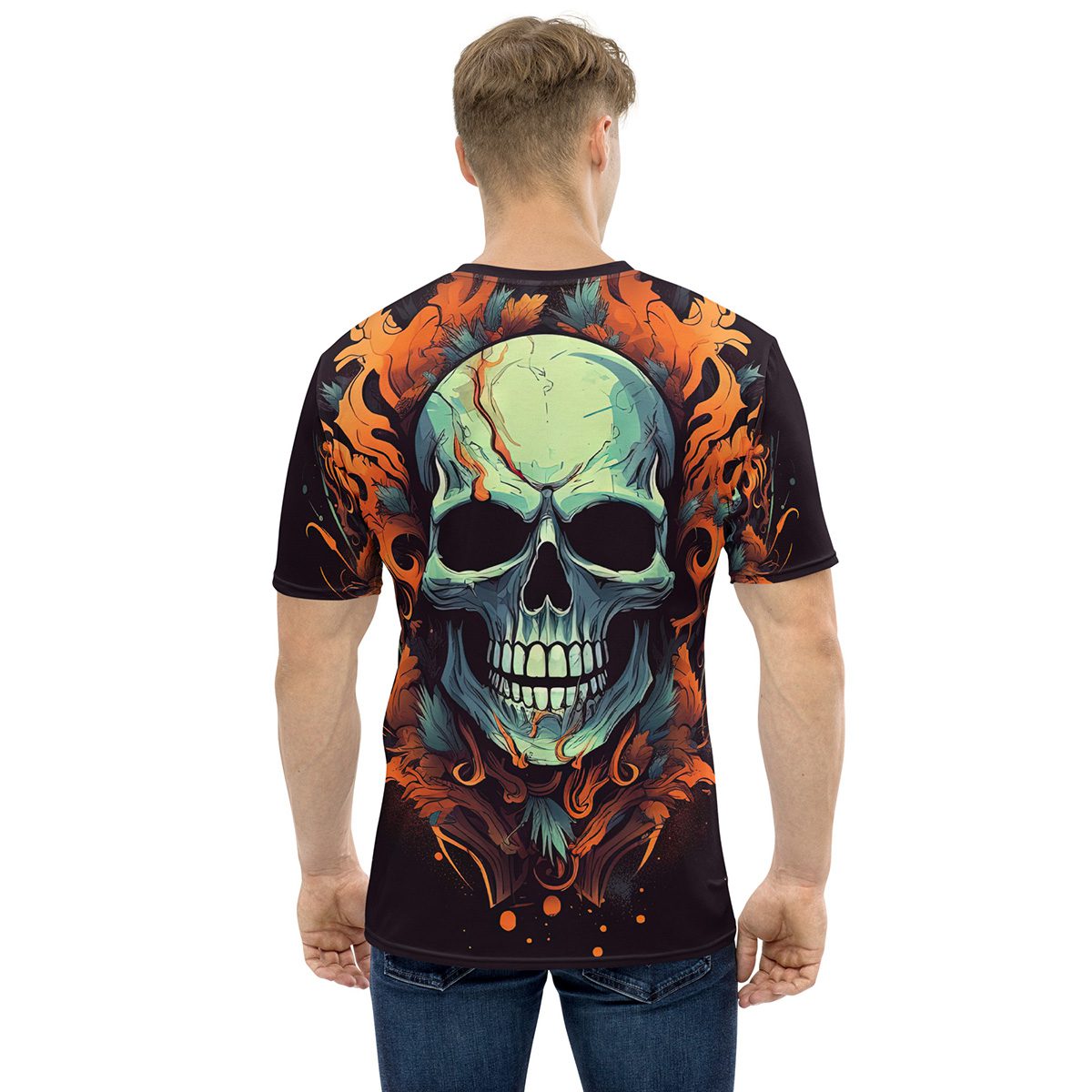 Skull And Flames All Over Print Uni-Sex T-Shirt - Image 3