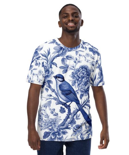 Blue Ornate Vintage Bird All Over Print Uni-Sex T-Shirt