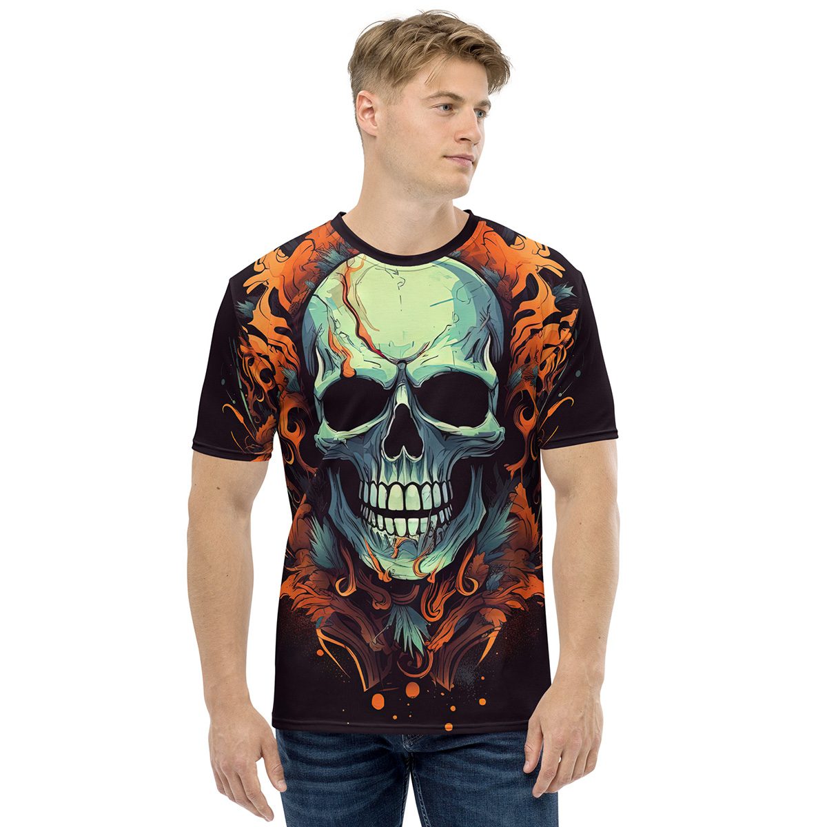 Skull And Flames All Over Print Uni-Sex T-Shirt - Image 2