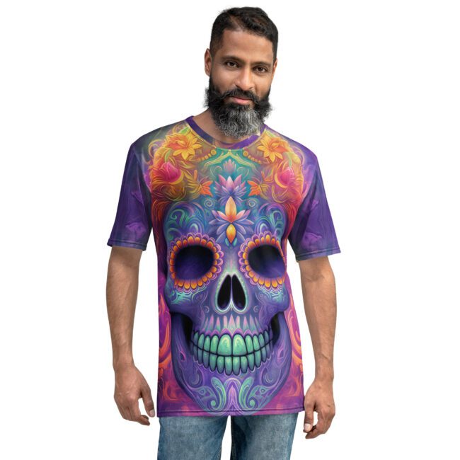 Bright Vibrant Sugar Skull Day Of The Dead All Over Print T-Shirt