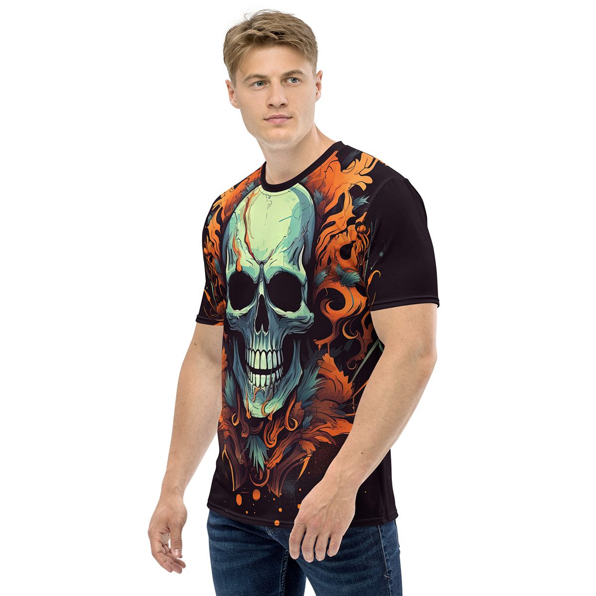 Skull And Flames All Over Print Uni-Sex T-Shirt