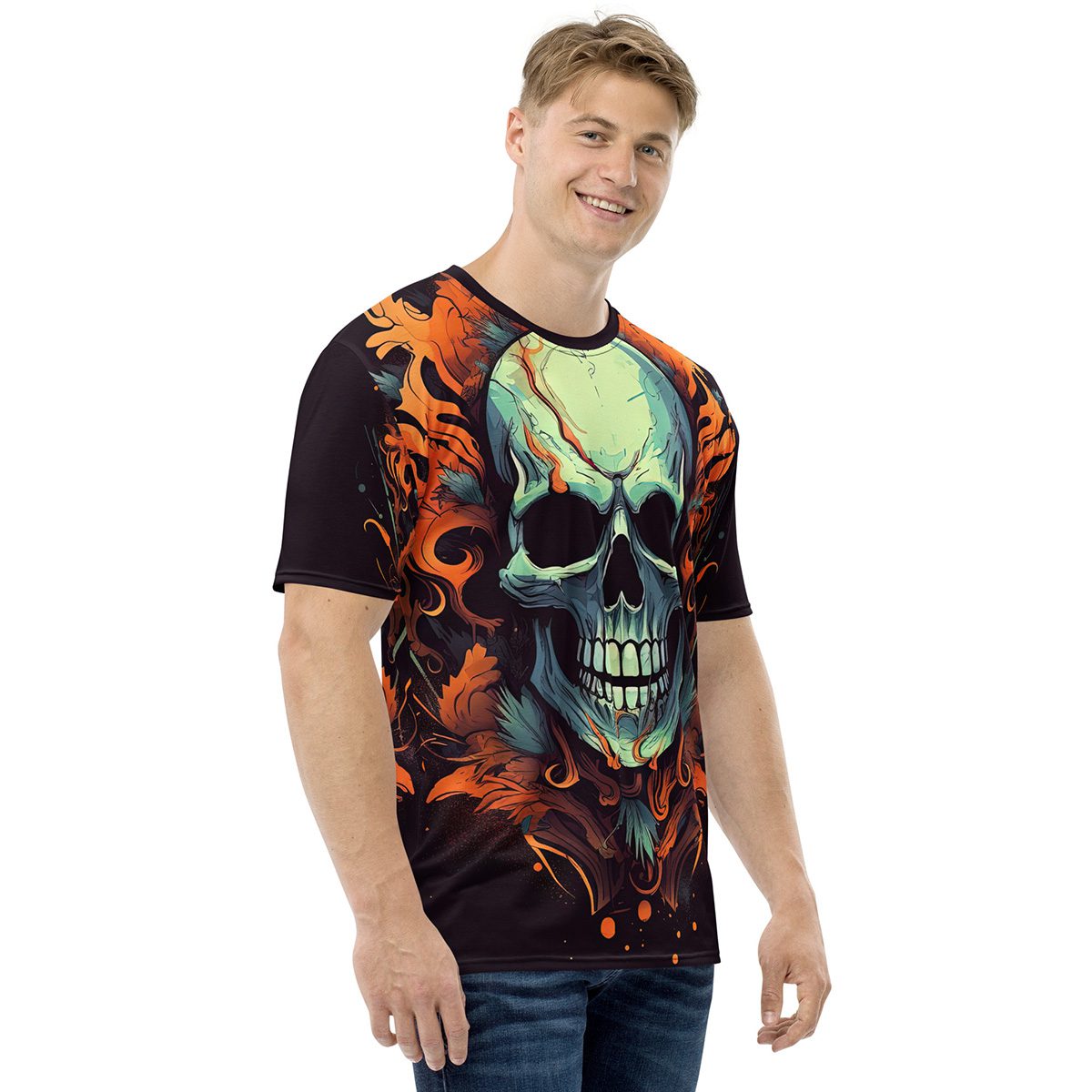Skull And Flames All Over Print Uni-Sex T-Shirt - Image 4
