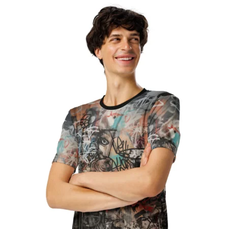 Black, white, grey, teal, and orange graffiti elements, including abstract shapes and a partial face, cover this oversized full print tee.