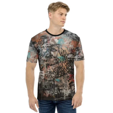 Black, white, red, and teal spray paint strokes and tags cover this oversized full print tee, depicting a fragmented face and abstract shapes.