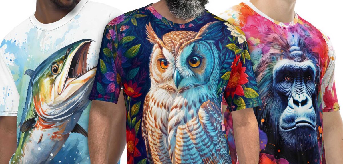 T-shirt featuring a colorful owl with floral accents and a detailed portrait.