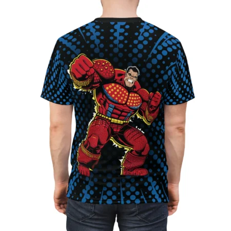 Blue dots and rays on black background cover this all over print apparel, with a comic book superhero in red and yellow.