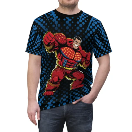 Blue polka dots and comic-style rays cover this full print shirt, depicting a powerful red superhero in a dynamic pose.