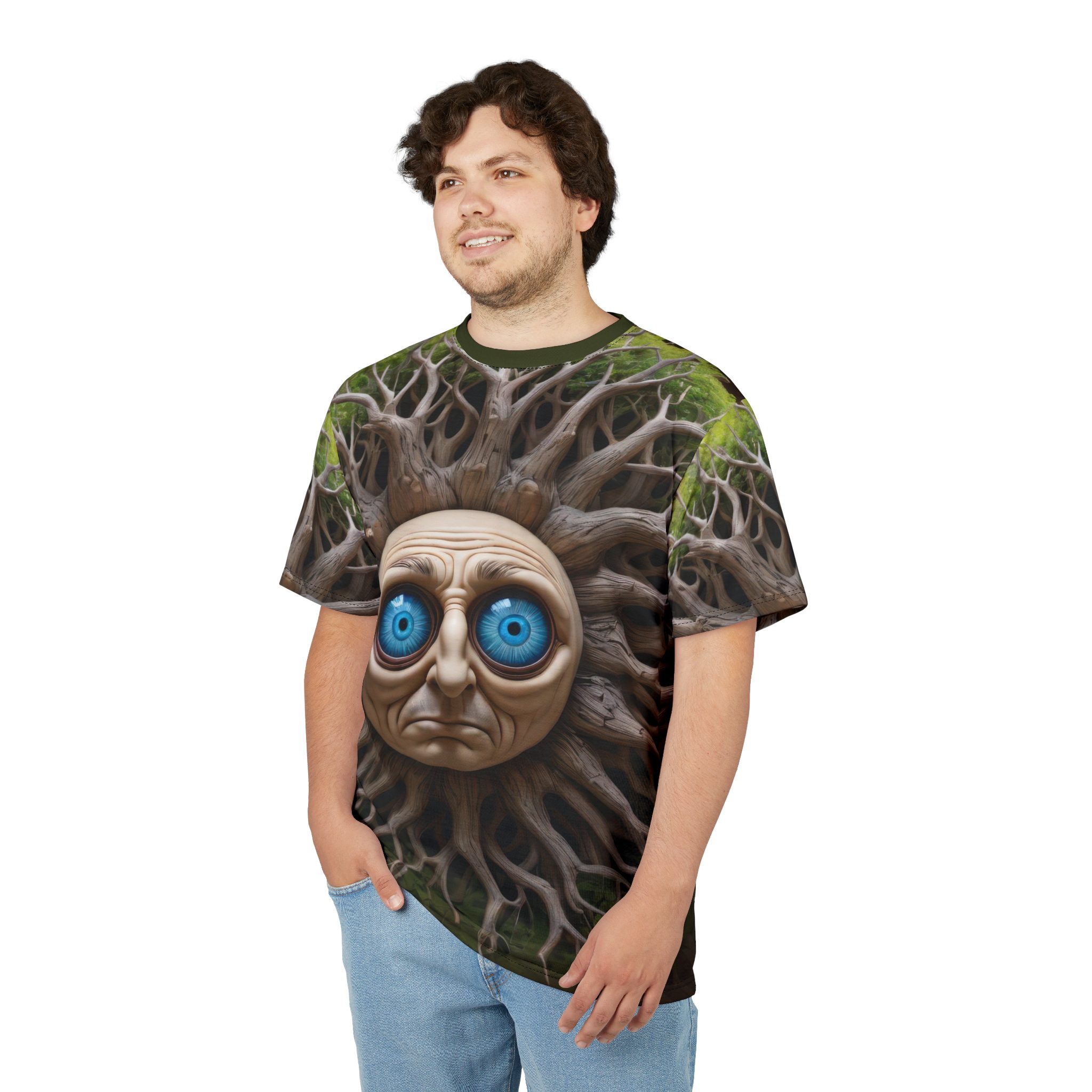 Nature-Inspired Unisex All Over Print Tee with Unique Tree Face Design 4 Toasted Styles