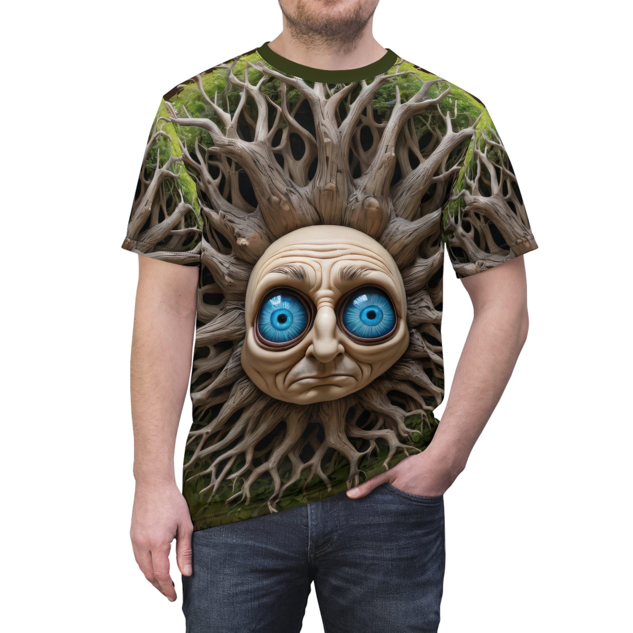 Nature-Inspired Unisex All Over Print Tee with Unique Tree Face Design 8 Toasted Styles