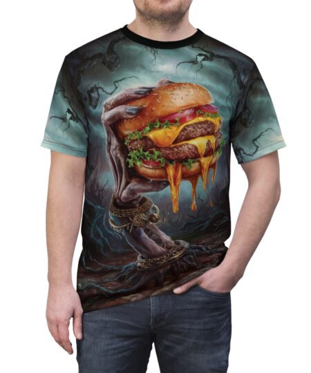 All Over Print Skeleton Hand Holding Burger Halloween Tee