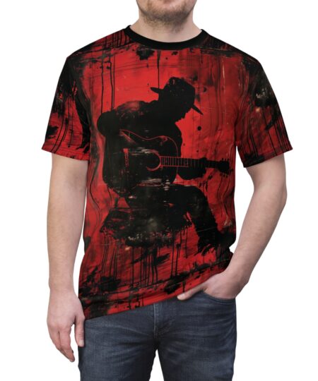 Edgy Musician's Unisex All Over Print Tee - Guitar Design on Red Background