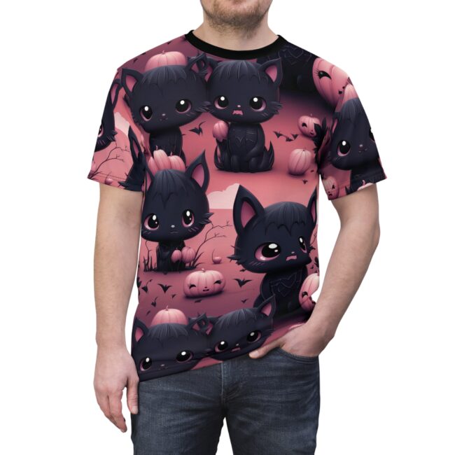 Cute Halloween Cat Tee - Unisex All Over Print T-Shirt with Adorable Kittens and Pumpkins Design