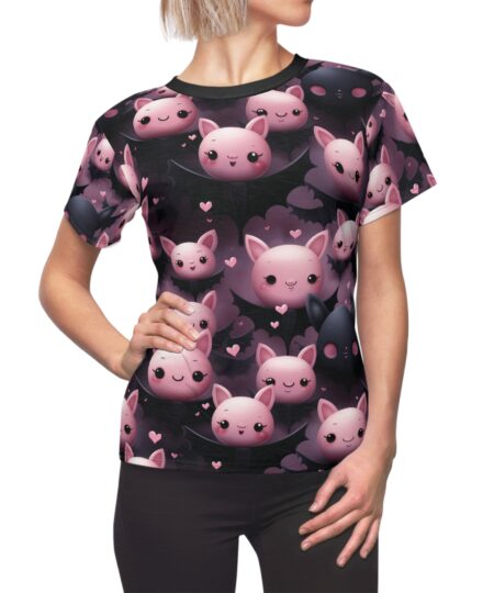 Kawaii Pastel Bat All Over Print T-Shirt for Women - Cute Halloween Graphic Tee with Hearts