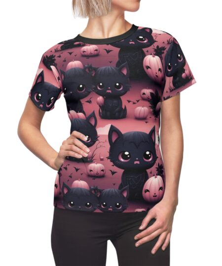 Cute Halloween Black Cat Tee - Women's All Over Print Shirt with Pumpkins 7 Toasted Styles