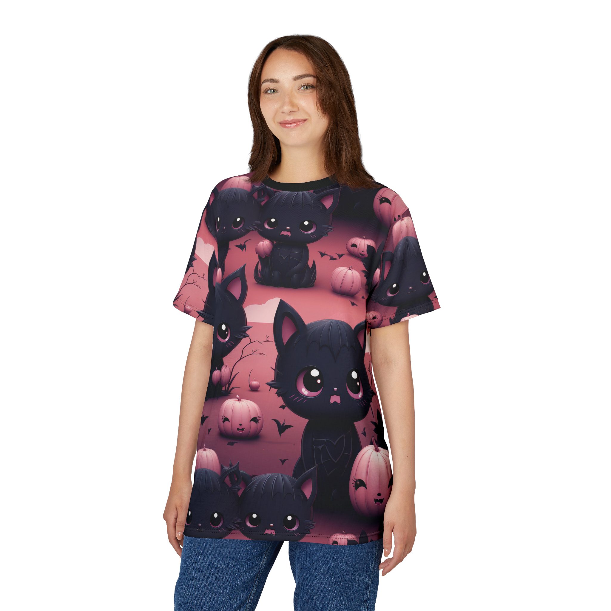 Cute Halloween Cat Tee - Unisex All Over Print T-Shirt with Adorable Kittens and Pumpkins Design 5 Toasted Styles