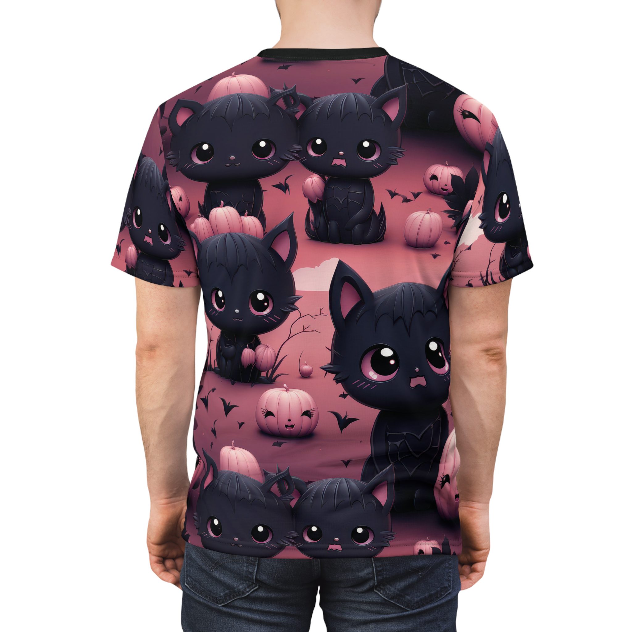 Cute Halloween Cat Tee - Unisex All Over Print T-Shirt with Adorable Kittens and Pumpkins Design 2 Toasted Styles