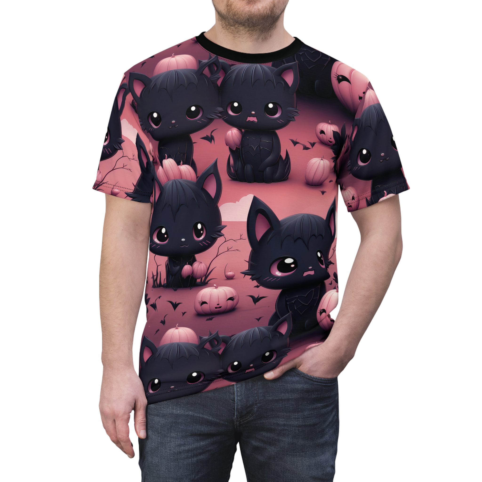Cute Halloween Cat Tee - Unisex All Over Print T-Shirt with Adorable Kittens and Pumpkins Design 10 Toasted Styles