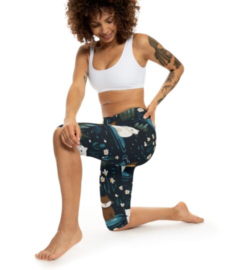 Whimsical Cat & Duck Women's Capri Leggings | Cute Animal Print Activewear 9 Toasted Styles