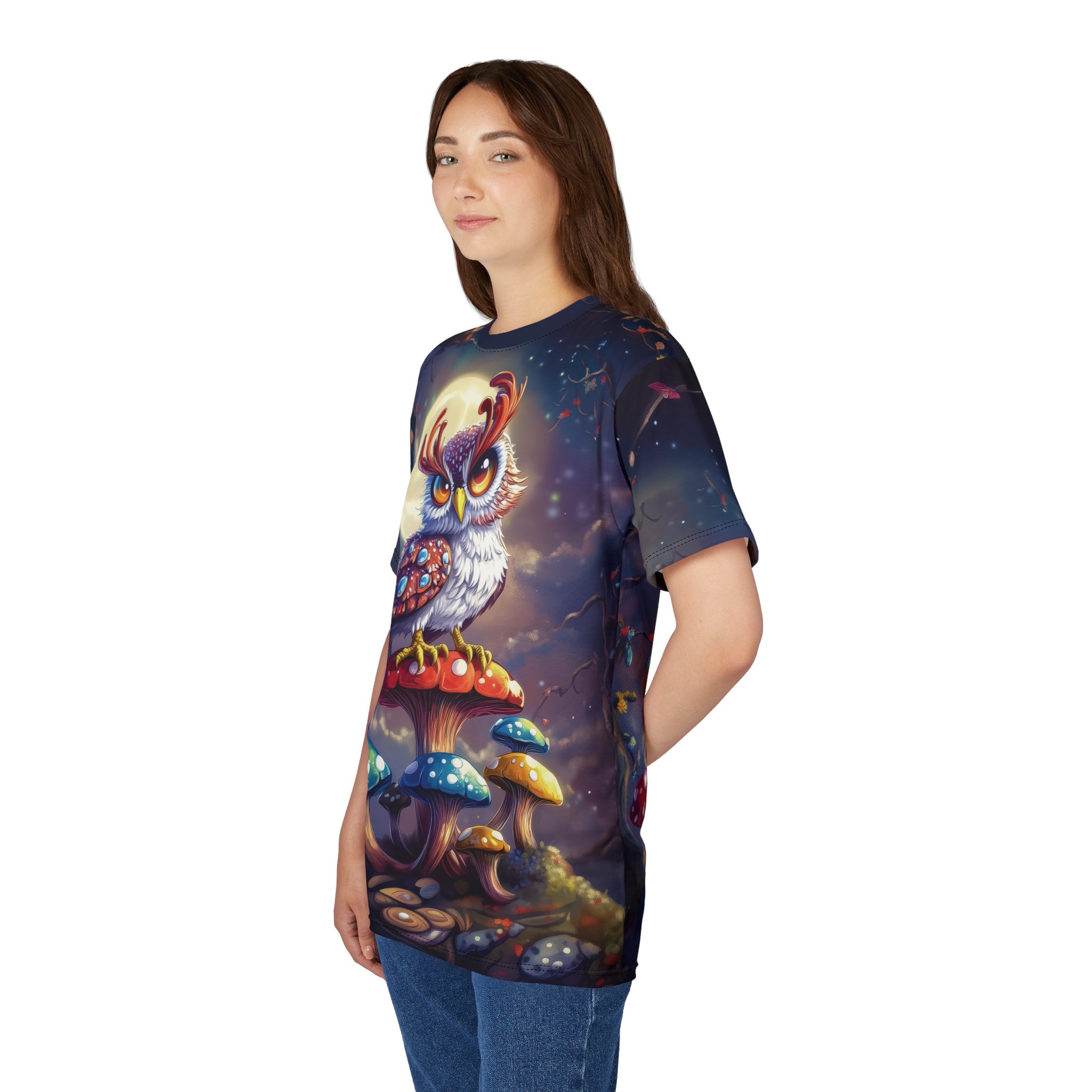 Whimsical Owl & Mushrooms Unisex All Over Print Tee - Magical Nature Vibe 8 Toasted Styles