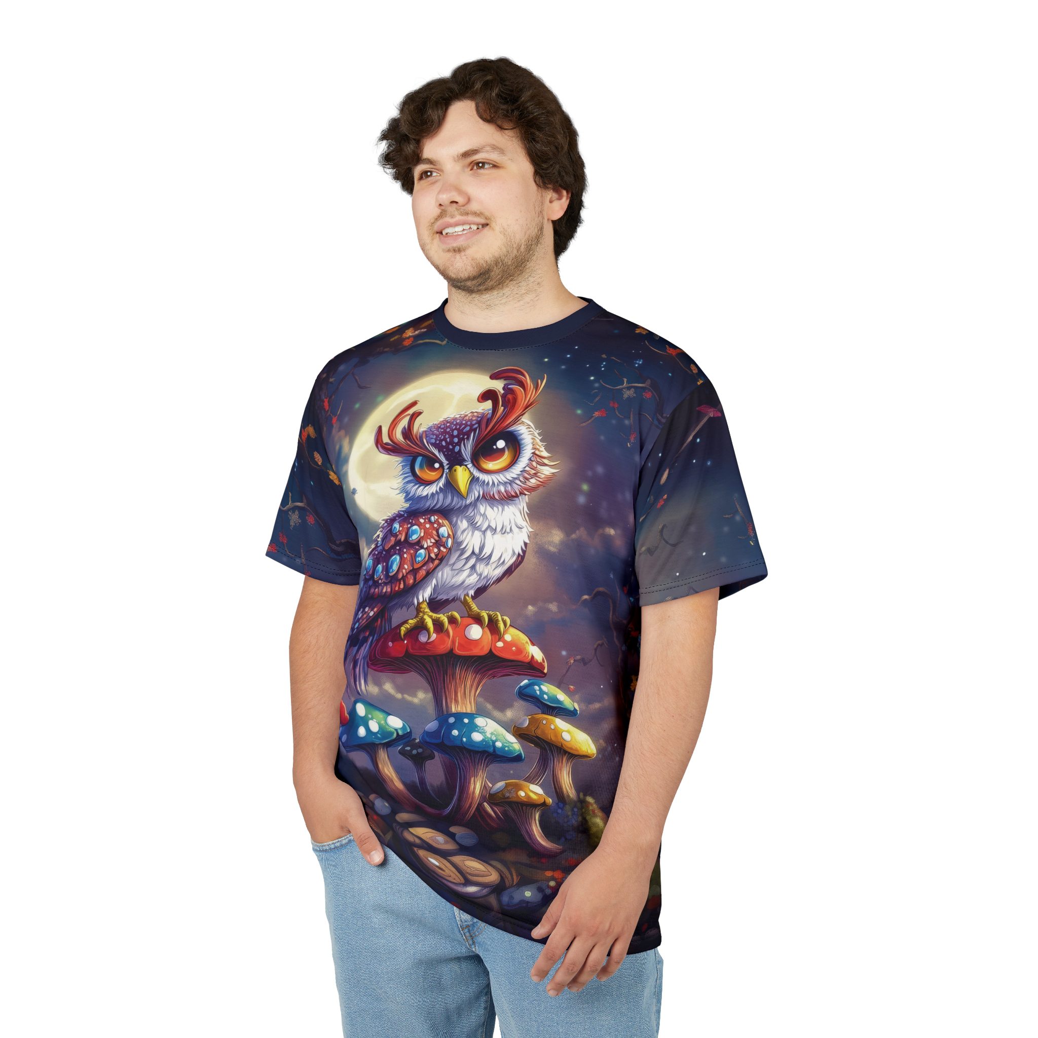 Whimsical Owl & Mushrooms Unisex All Over Print Tee - Magical Nature Vibe 7 Toasted Styles