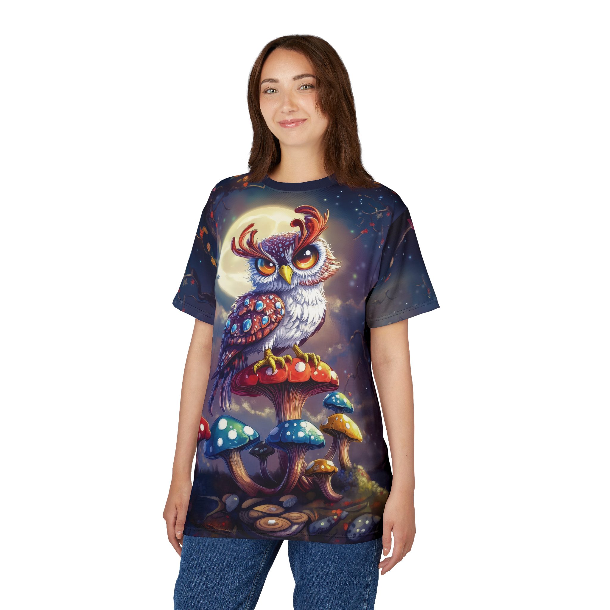 Whimsical Owl & Mushrooms Unisex All Over Print Tee - Magical Nature Vibe 6 Toasted Styles