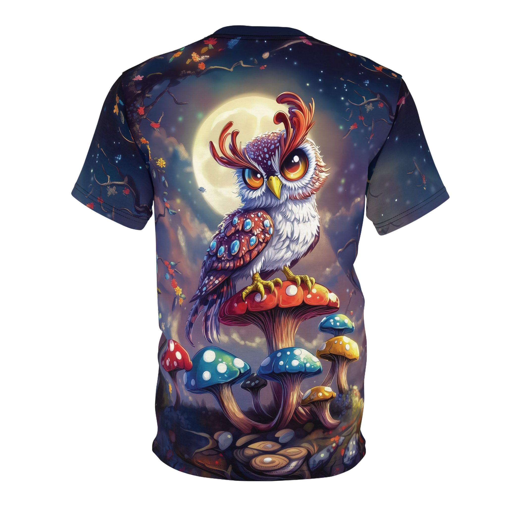 Whimsical Owl & Mushrooms Unisex All Over Print Tee - Magical Nature Vibe 4 Toasted Styles