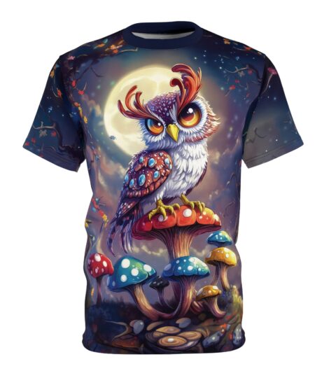 Whimsical Owl & Mushrooms Unisex All Over Print Tee - Magical Nature Vibe 2 Toasted Styles