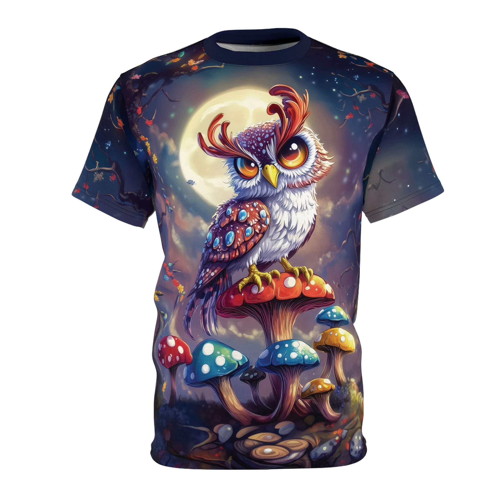 Whimsical Owl & Mushrooms Unisex All Over Print Tee - Magical Nature Vibe 2 Toasted Styles