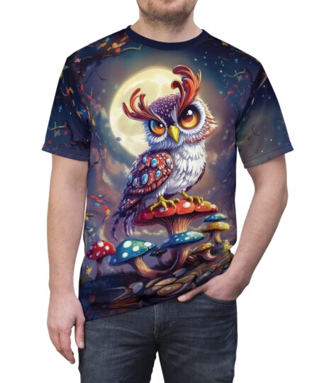 Whimsical Owl & Mushrooms Unisex All Over Print Tee - Magical Nature Vibe 1 Toasted Styles