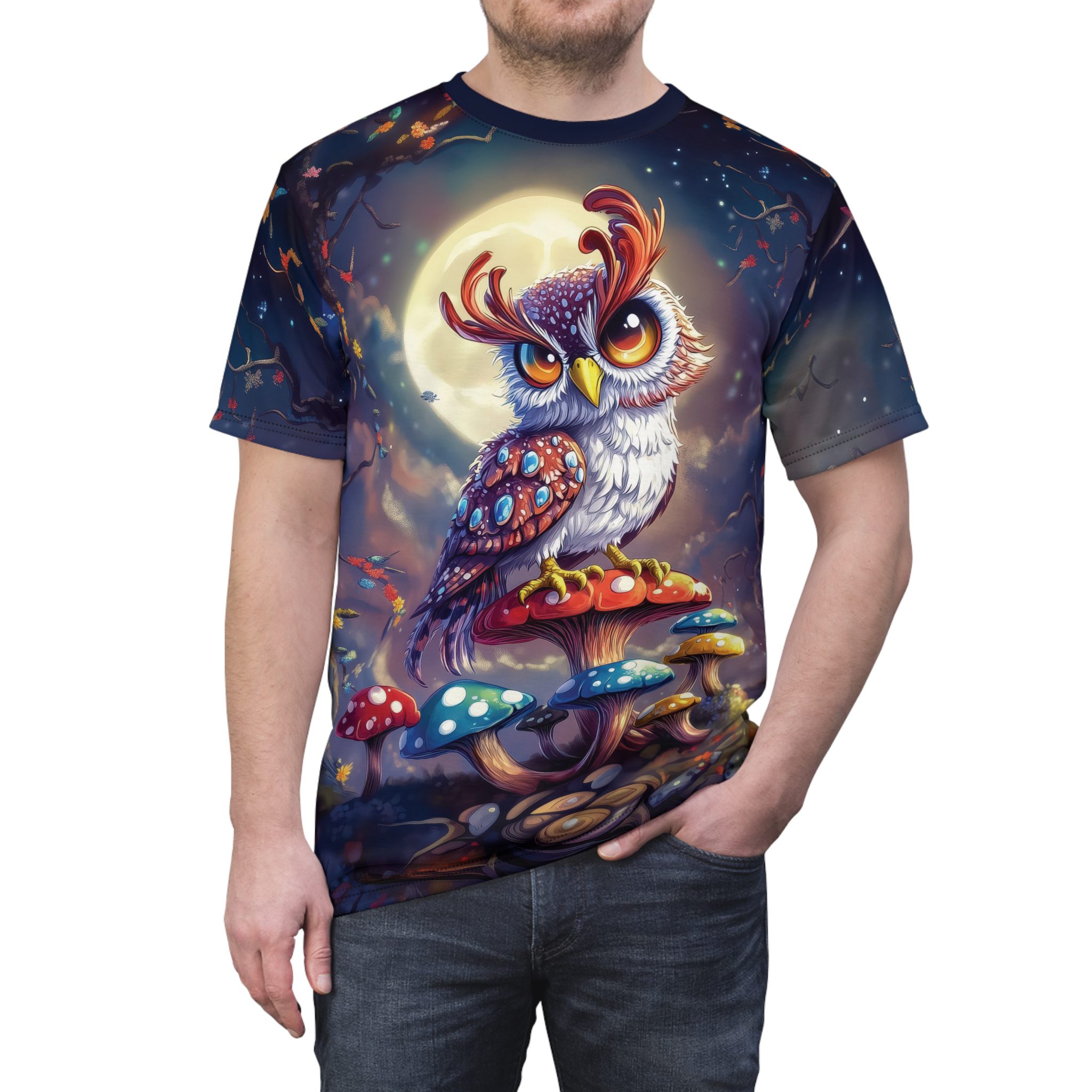 Whimsical Owl & Mushrooms Unisex All Over Print Tee - Magical Nature Vibe 1 Toasted Styles