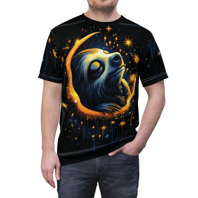 Cosmic Sloth Unisex All Over Print Tee - Dreamy Starry Night Graphic Shirt