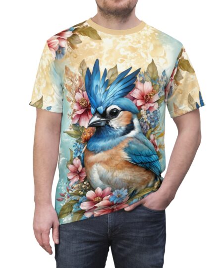 Vibrant Bird Art Tee, Floral Blue Jay Shirt, Colorful Graphic Tee, Unisex AOP T-Shirt, Nature Lover Gift, Summer Wardrobe Essential