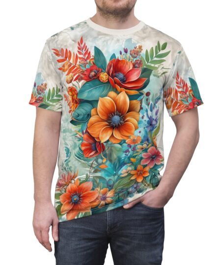 Floral Unisex All Over Print Tee, Colorful AOP T-Shirt, Summer Vibes Top, Gift for Nature Lovers, Festival Apparel Design 1
