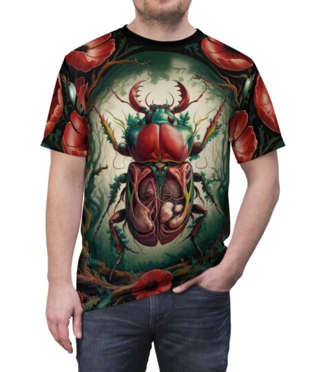 Nature-Inspired Beetle Tee - Eco-Friendly Graphic Shirt, Unisex AOP Tee, Insect Art Fashion Red Style