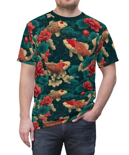 Elegant Koi Fish Floral Tee, Unisex AOP T-Shirt, Perfect for Summer Vibe, Casual Wear, Gift for Nature Lovers, Unique Art Apparel