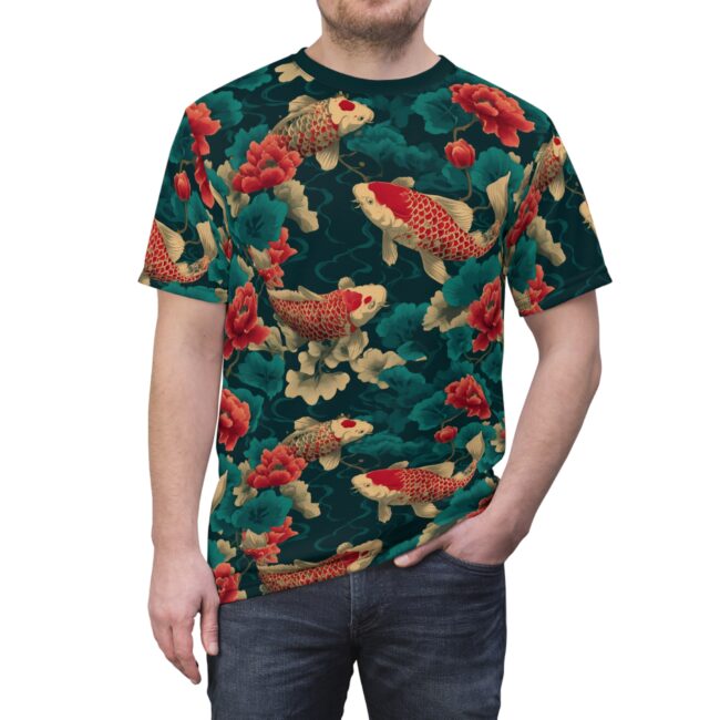 Elegant Koi Fish Floral Tee, Unisex AOP T-Shirt, Perfect for Summer Vibe, Casual Wear, Gift for Nature Lovers, Unique Art Apparel