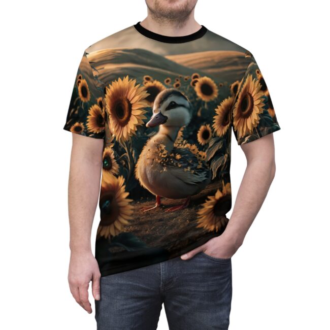 Whimsical Sunflower Duck Tee Unisex All Over Print T-Shirt, Nature Lover Gift, Animal Tee