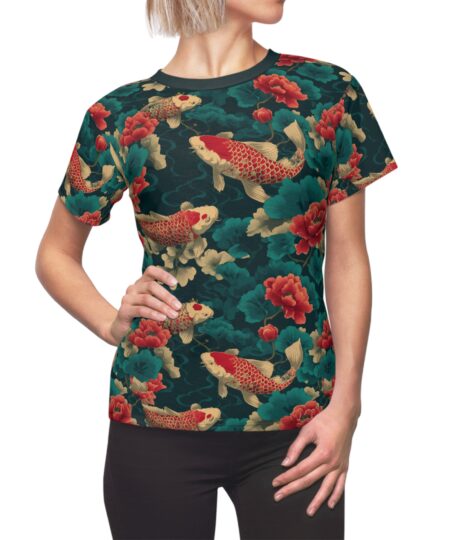 Koi Fish Print Women's Tee, All Over Print Shirt, Boho Chic Top, Relaxed Fit Casual Wear, Unique Gift for Nature Lovers