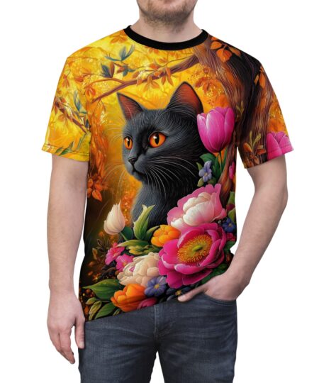Black Cat Floral Unisex Tee, Floral Cat Shirt, Animal Lover Gift, Cute Tee, Pet Lover Fashion, Summer Vibes, AOP T-Shirt