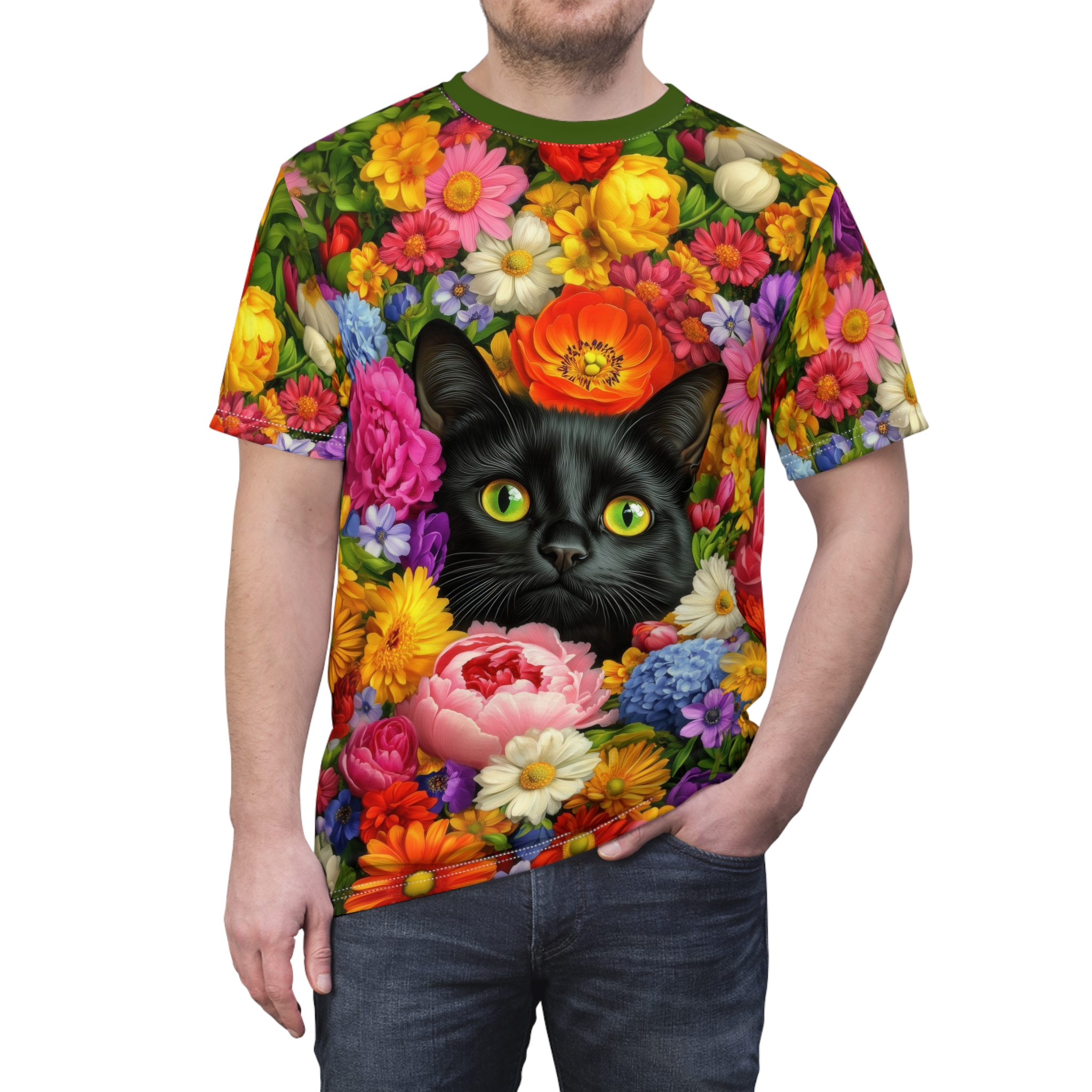Colorful Floral Cat Tee, Unisex All Over Print T-Shirt, Gift for Cat Lovers