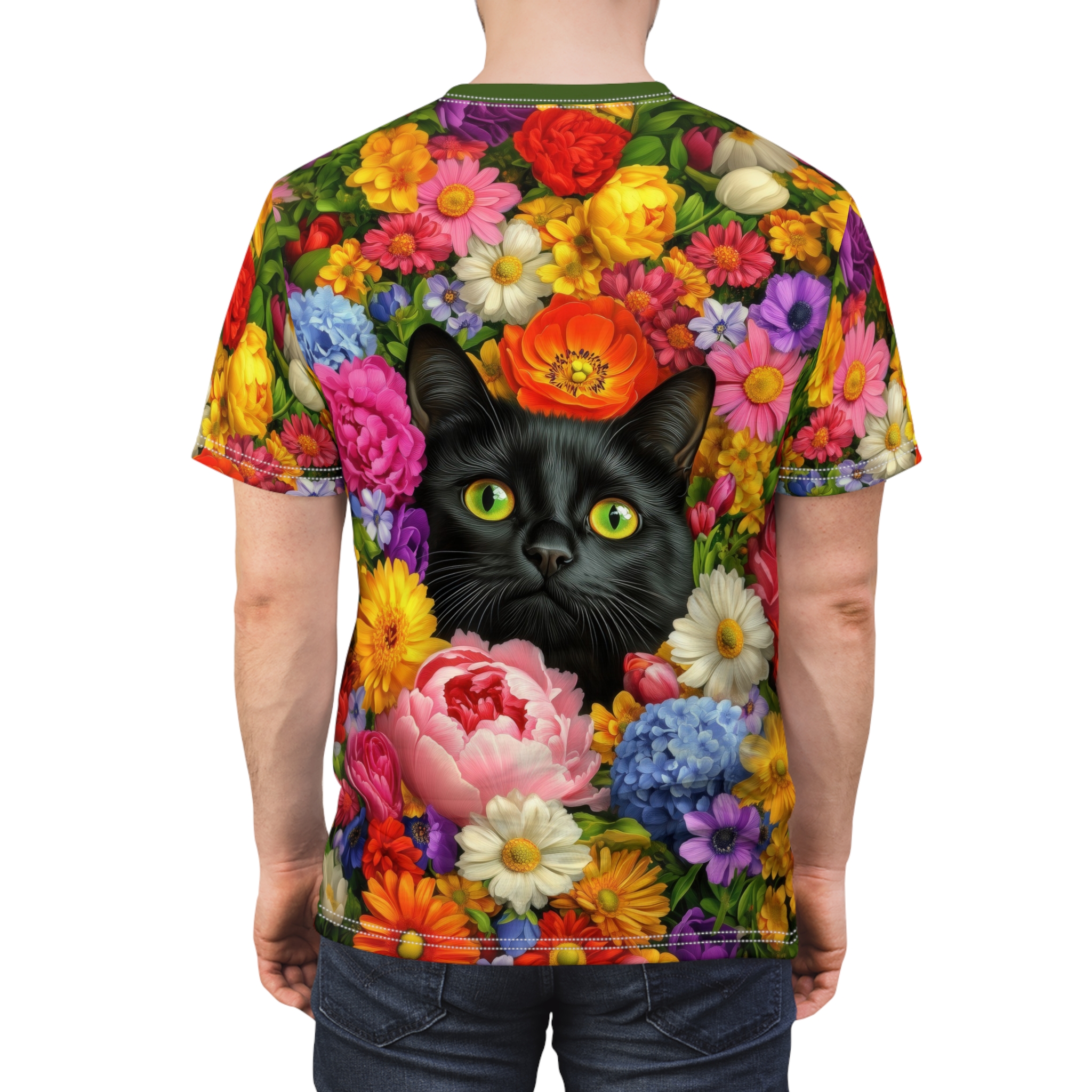 Colorful Floral Cat Tee, Unisex All Over Print T-Shirt, Gift for Cat Lovers - Image 5