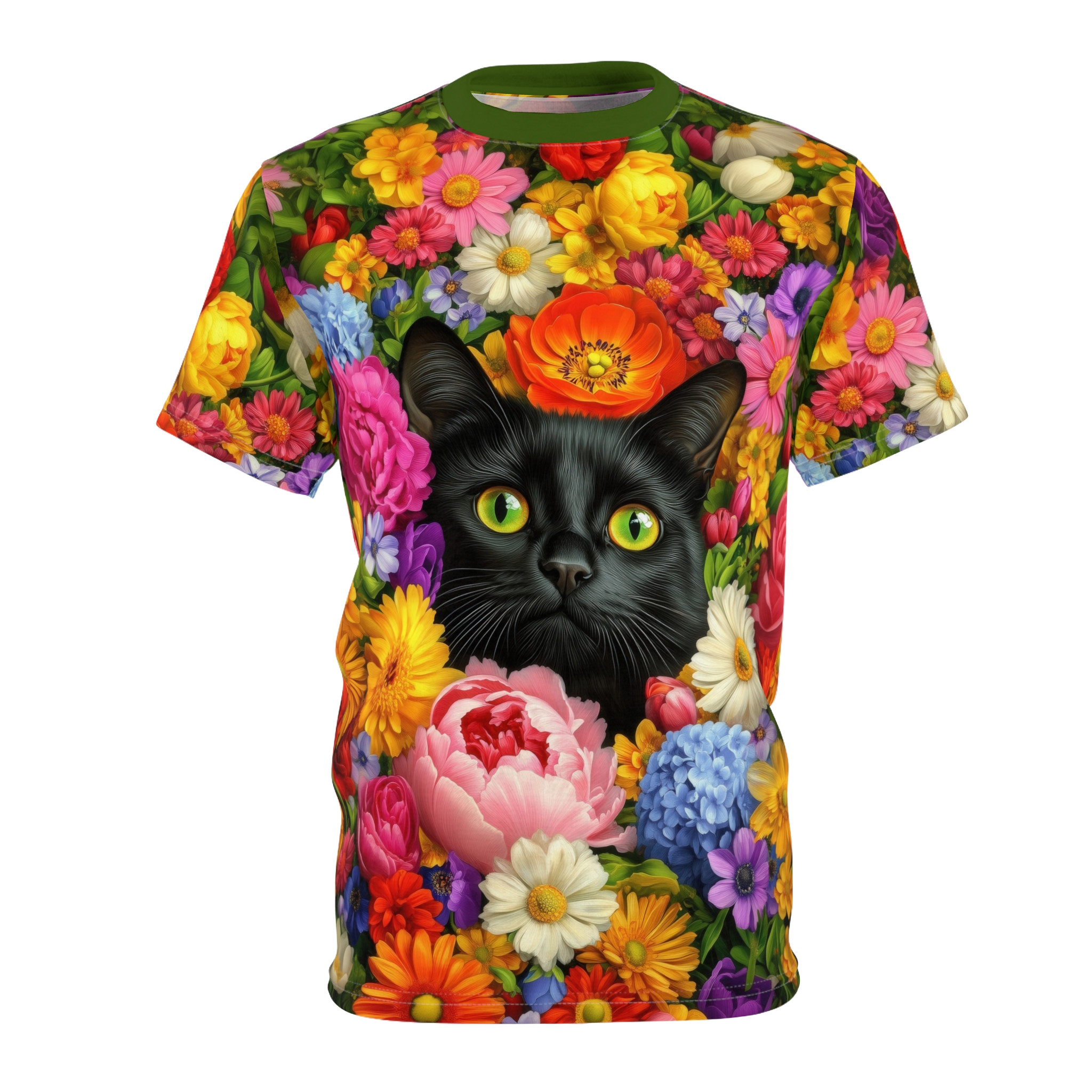 Colorful Floral Cat Tee, Unisex All Over Print T-Shirt, Gift for Cat Lovers - Image 2