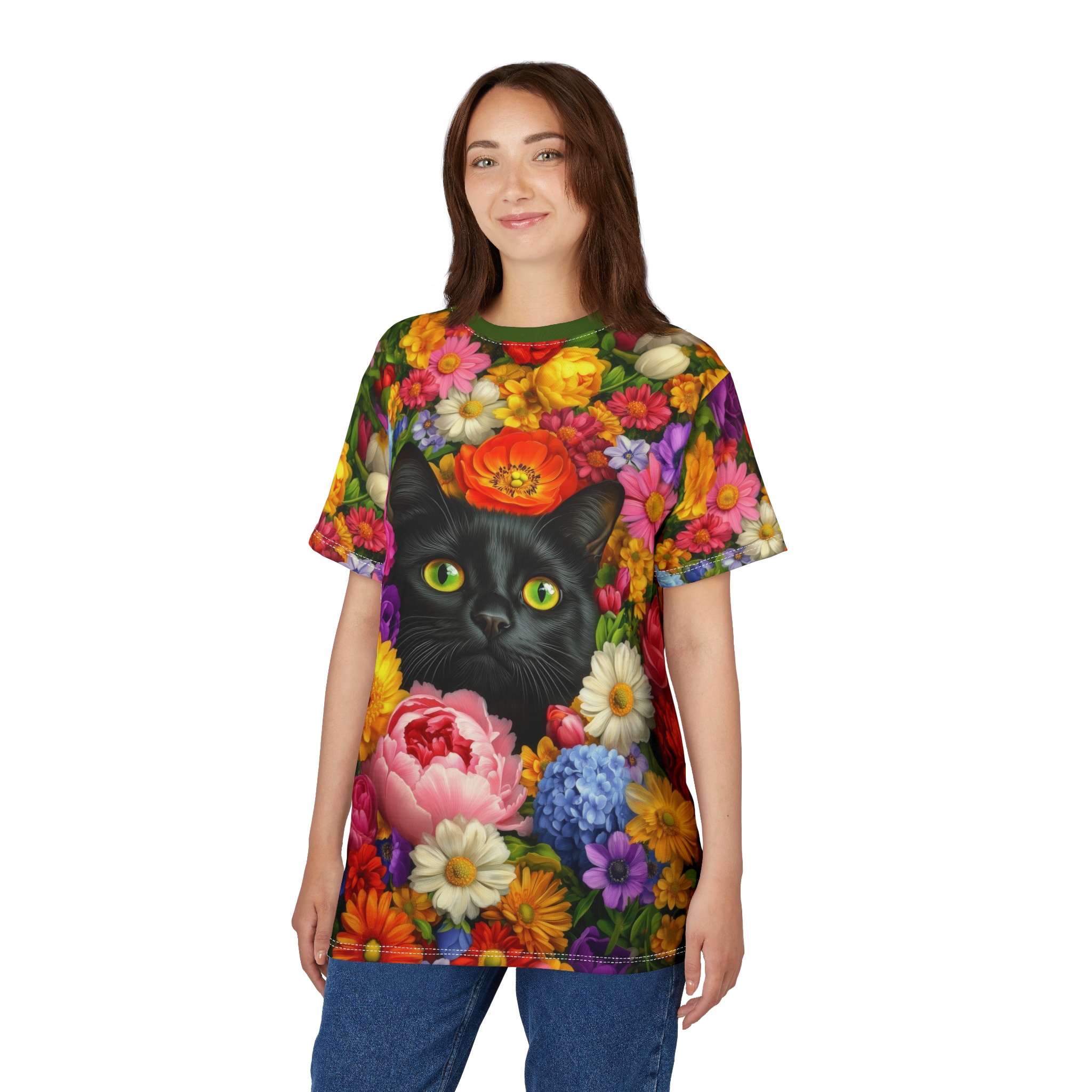 Colorful Floral Cat Tee, Unisex All Over Print T-Shirt, Gift for Cat Lovers - Image 6