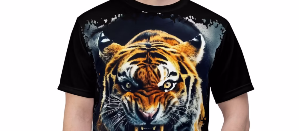 Black t-shirt with a realistic, roaring tiger face graphic print. The tiger's eyes are intense, with sharp teeth bared.