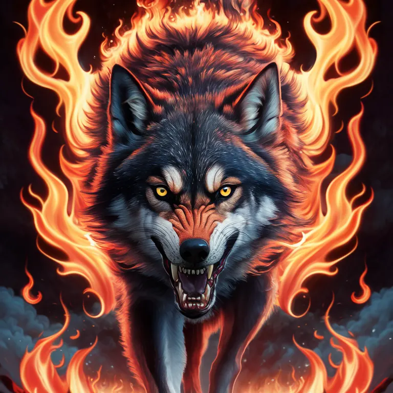 Digital art of a snarling wolf with yellow eyes, its fur appearing to be made of fire, set against a dark, smoky background.