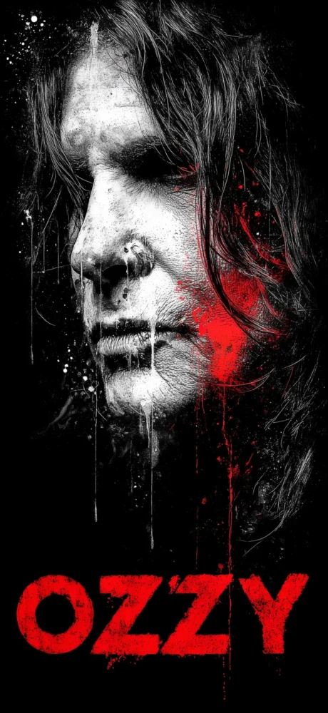 Black and white portrait of Ozzy Osbourne with distressed texture and red paint splatters. Features the word "OZZY" in bold red lettering.
