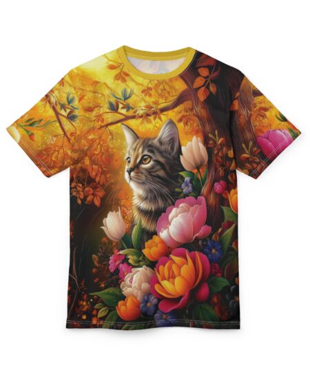 Vibrant Cat and Floral All Over Print Unisex T-Shirt – Nature-Inspired Gift for Cat Lovers 2 Toasted Styles