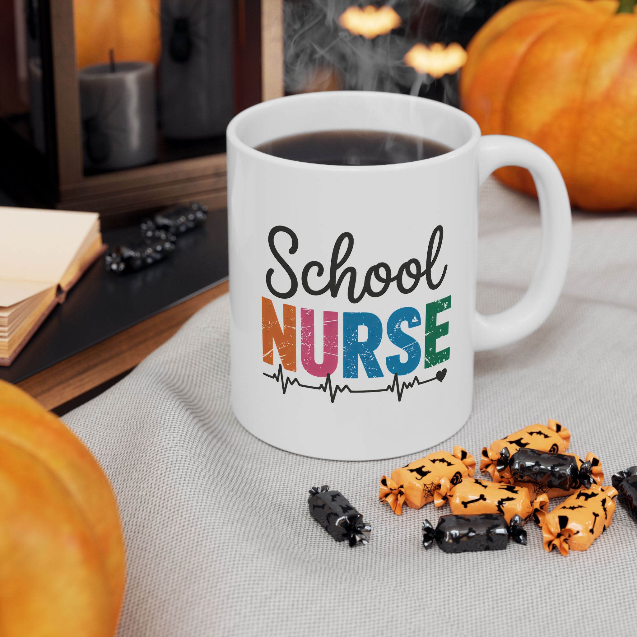 White mug with colorful "School Nurse" text and a heartbeat line graphic.