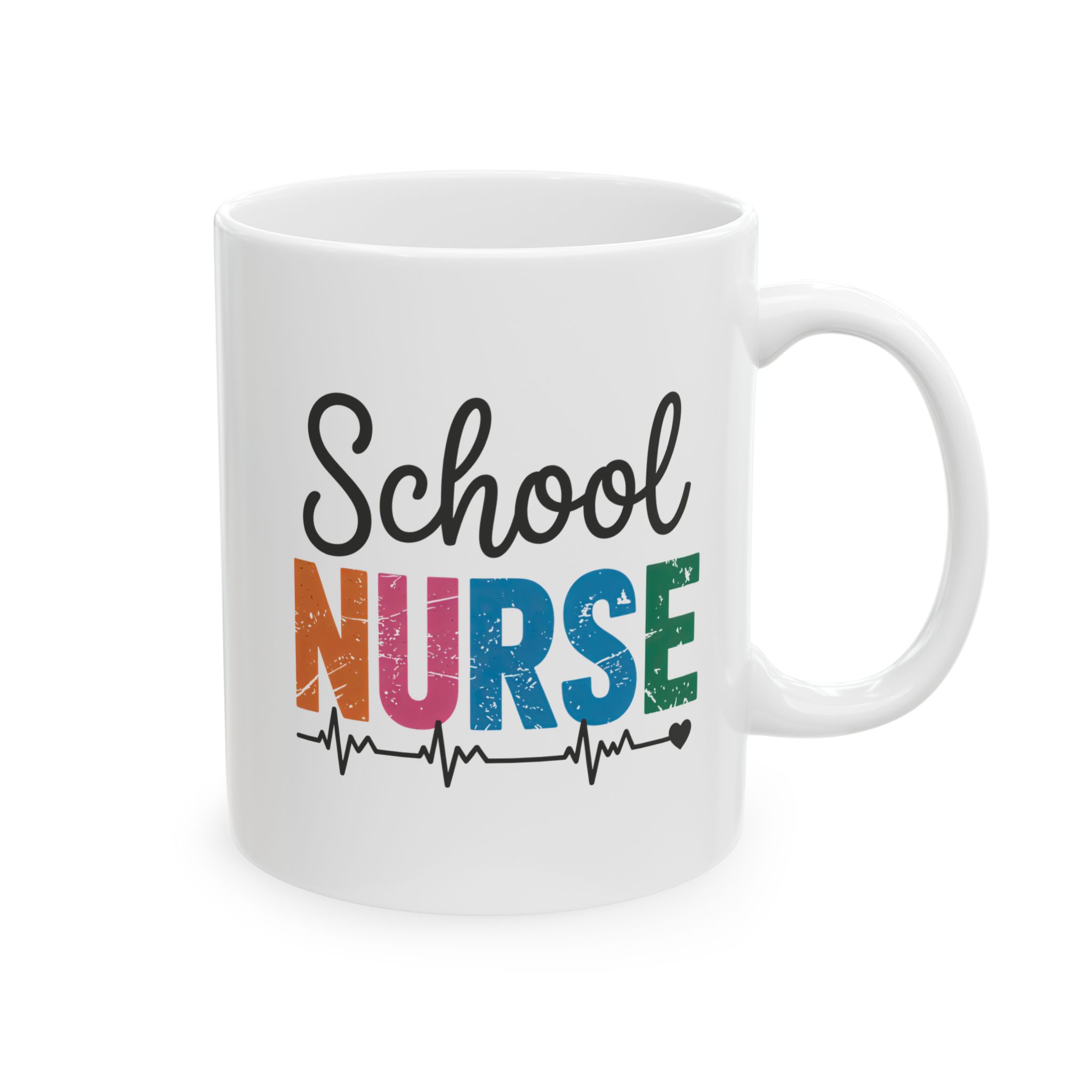 White ceramic mug with "School NURSE" text in distressed, colorful lettering and a heartbeat line graphic.