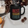 A black mug with the words 